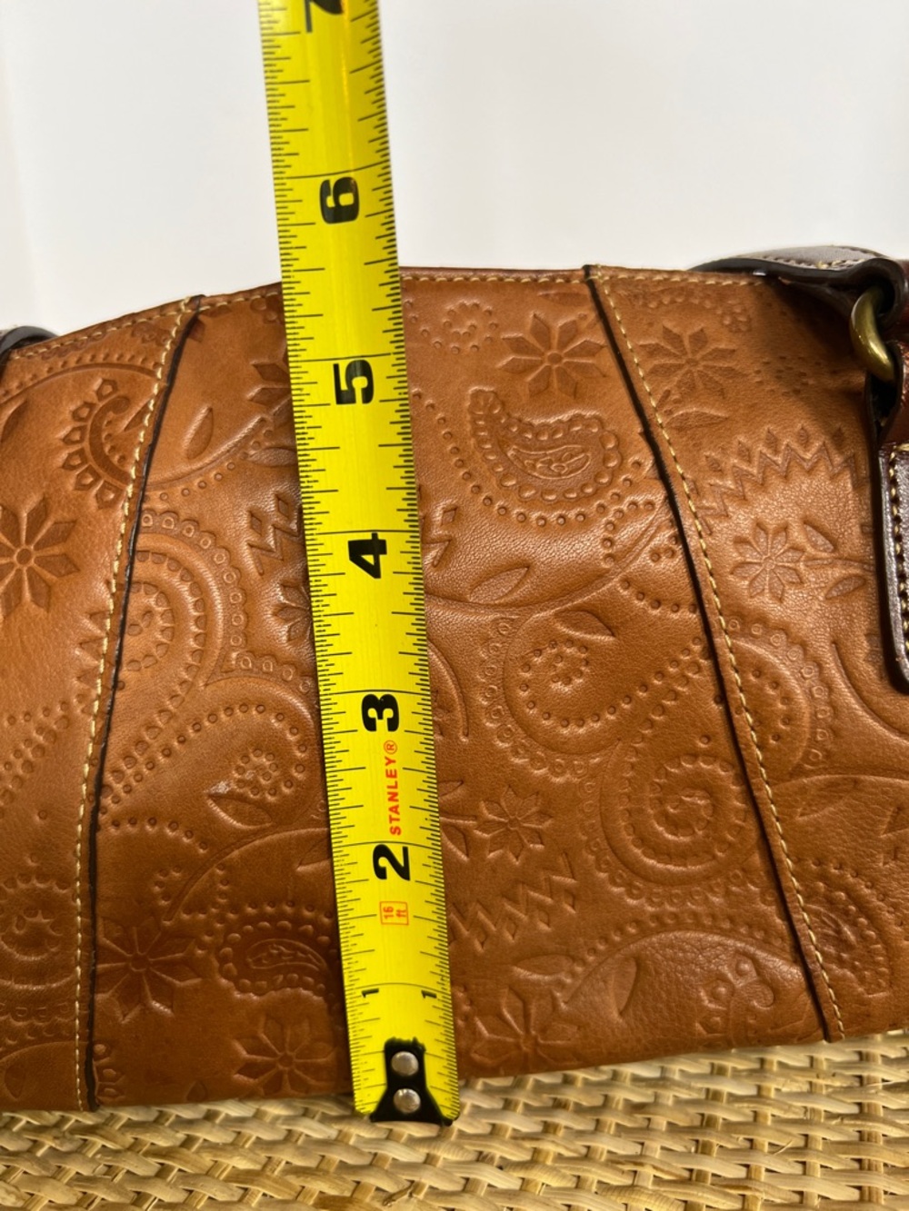Fossil Tooled Floral leather Y2K Satchel Shoulder Bag Caramel Brown Leather - Picture 10 of 13